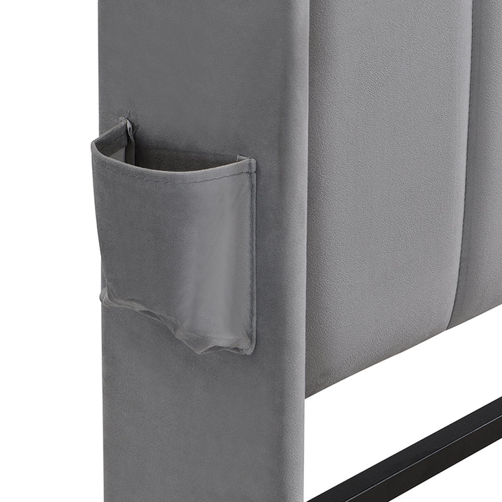 Upholstered velvet grey double bed with storage headboard, LED lighting and charging ports 135x190cm FIRNSNOW UK