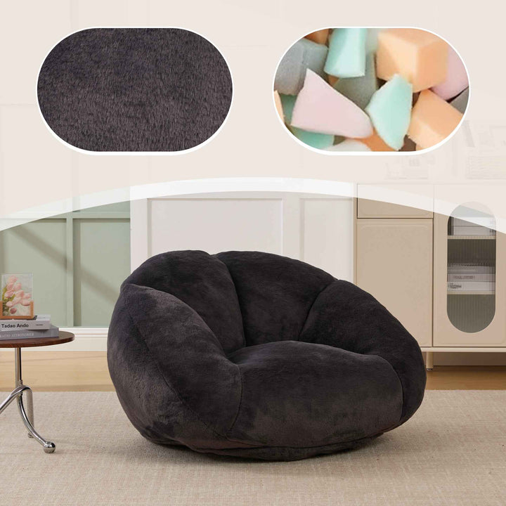 Lazy chair shell shaped sofa black faux fur, memory foam bean bag chair removable cover