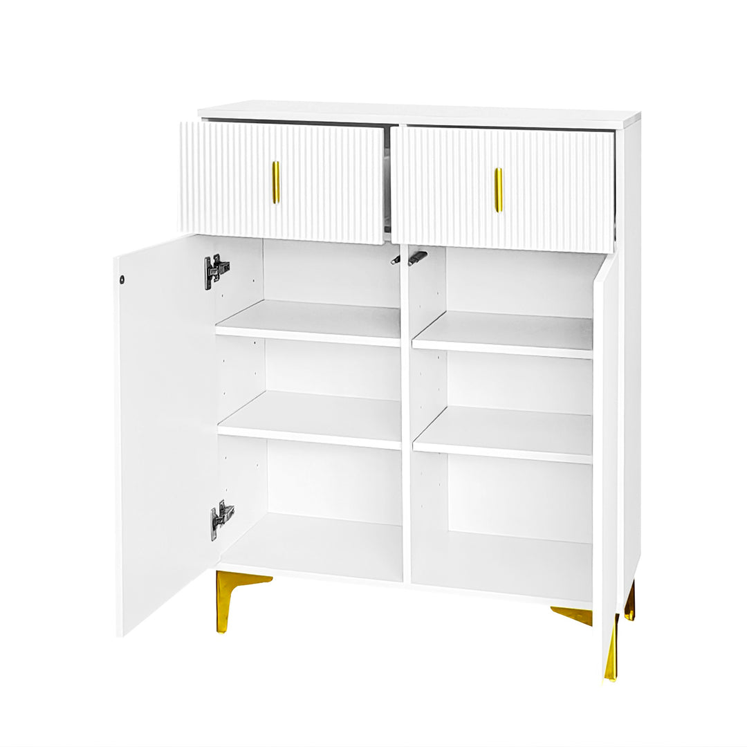 White shoe cabinet with textured panels and golden legs FERNCREST UK