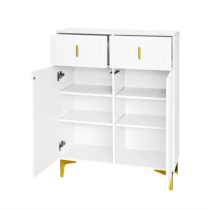 White shoe cabinet with textured panels and golden legs FERNCREST UK