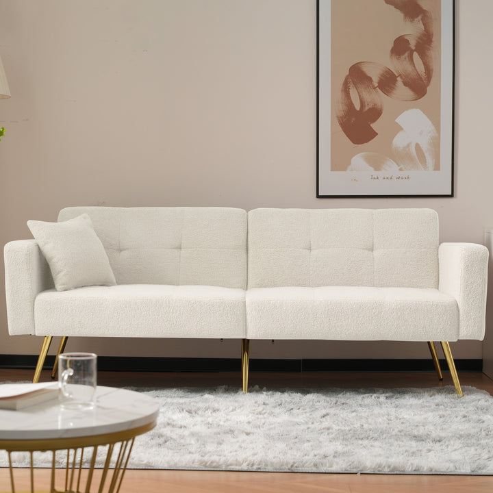 Ivory white sherpa 3-seater clic-clac sofa bed, adjustable backrest & side pocket ALDEN WHITE UK