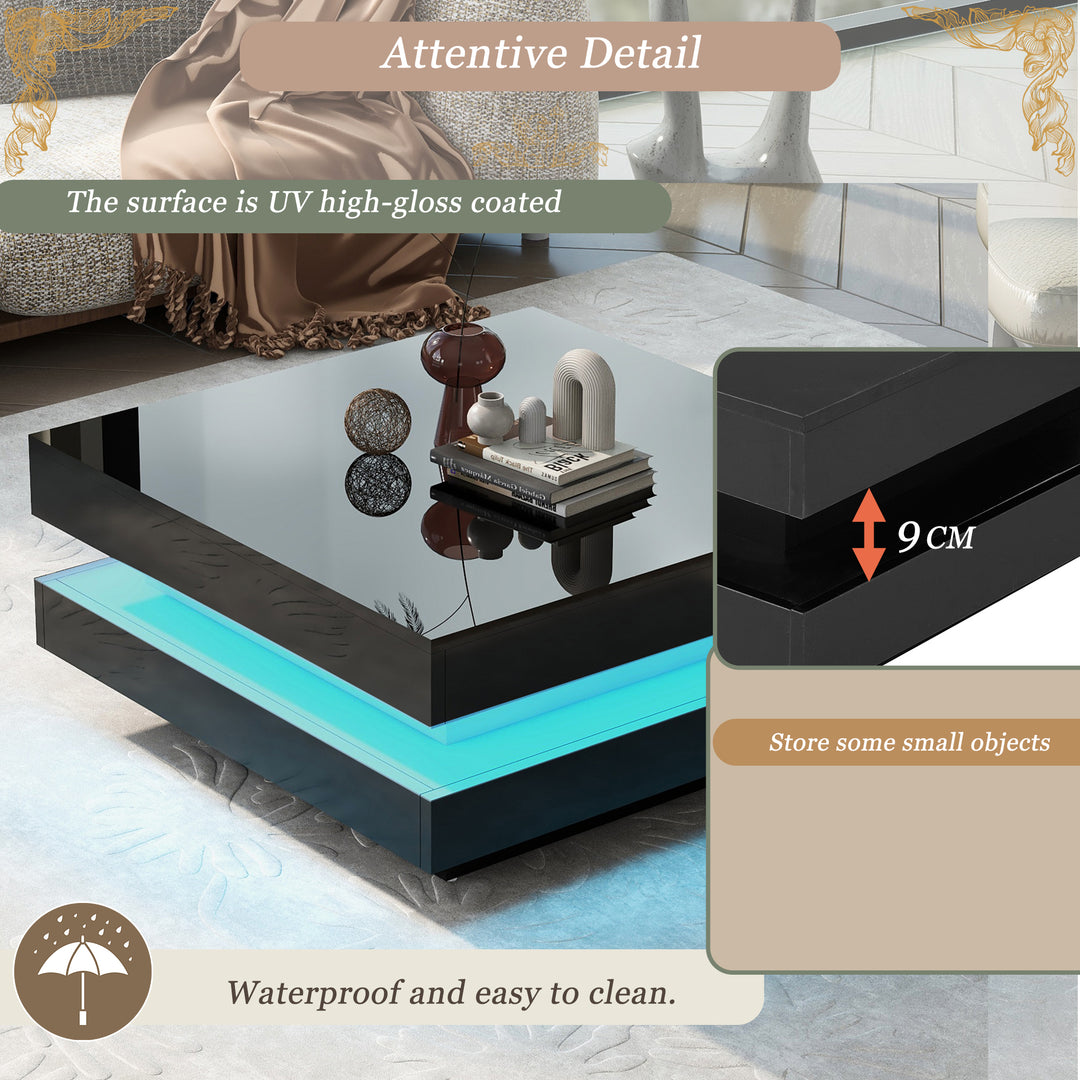 Black high gloss square coffee table with 360° rotating top LED lighting KERATINSCALE