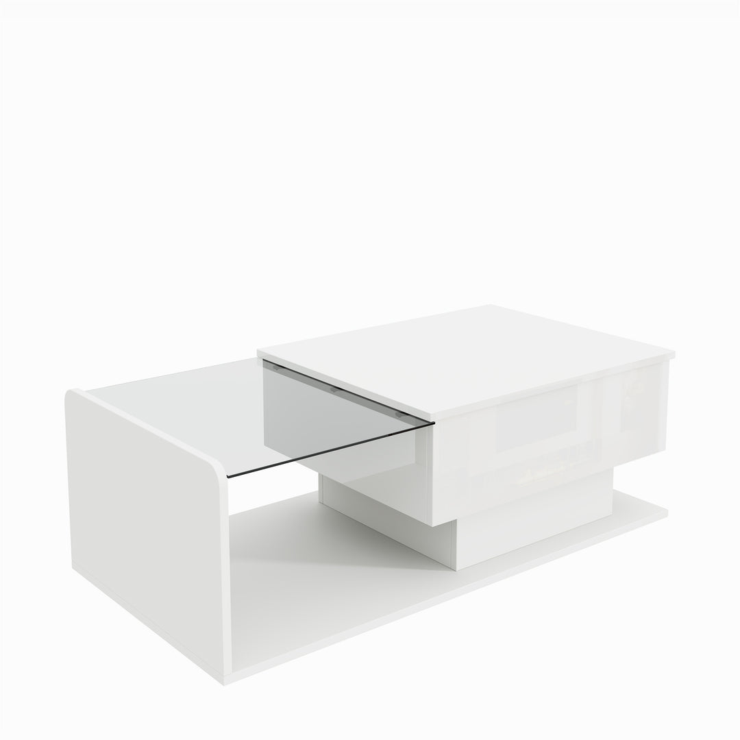 White high-gloss rectangular coffee table and LED lighting with glass top LUNG