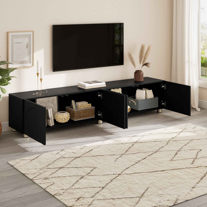 00+缺图 TV Cabinet 180 cm Black with 4-Door Arch Relief for Living Room TRITRUNK