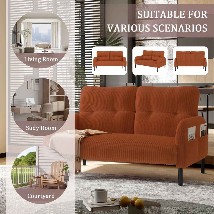 00+Corduroy Loveseat Sofa 2 Seater, Orange, Soft High-Density Foam, Double Side Pockets, Living Room & Bedroom NOVAIST