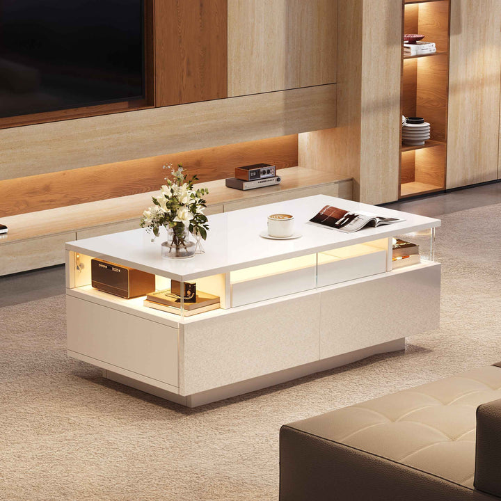 White high gloss coffee table with LED lights, 2 drawers, pull-out tray FLAREVORNAX