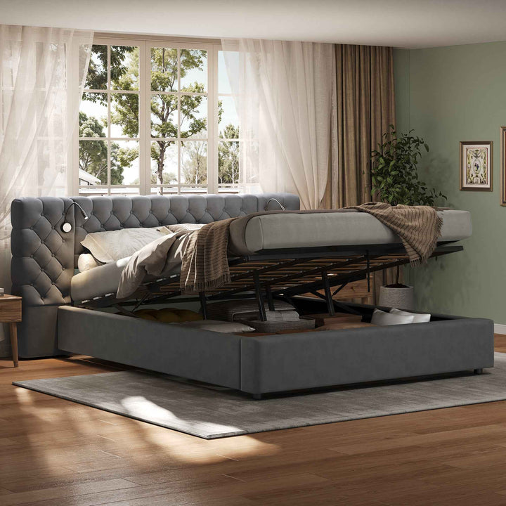 King Size Upholstered Bed with Hydraulic Storage, Reading Light, Wide Velvet Headboard, Grey, 150x200cm – Modern Space-Saving Bedroom Solution (Excludes Mattress & Bedside Tables)