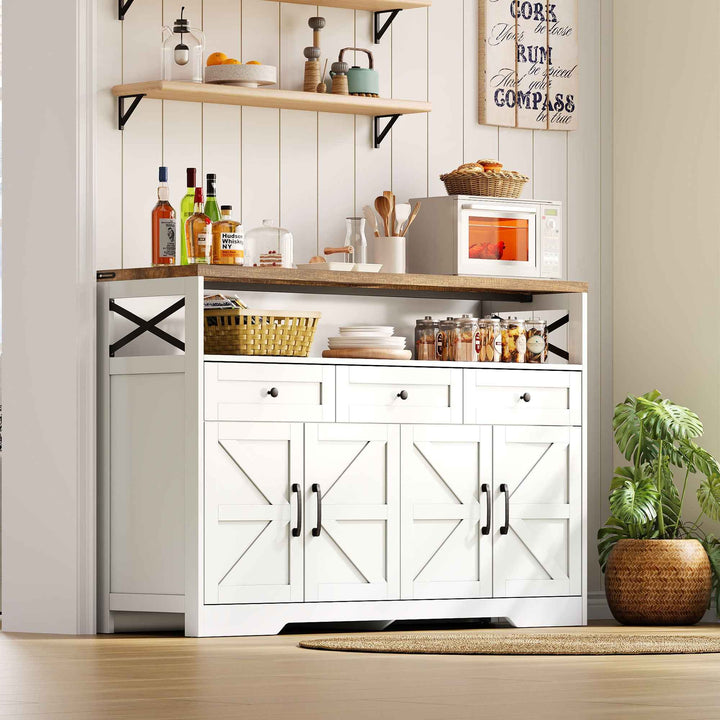 00+Sideboard 140cm Rustic White Storage Cabinet with 3 Drawers for Kitchen, Living Room VERTEXVAEL