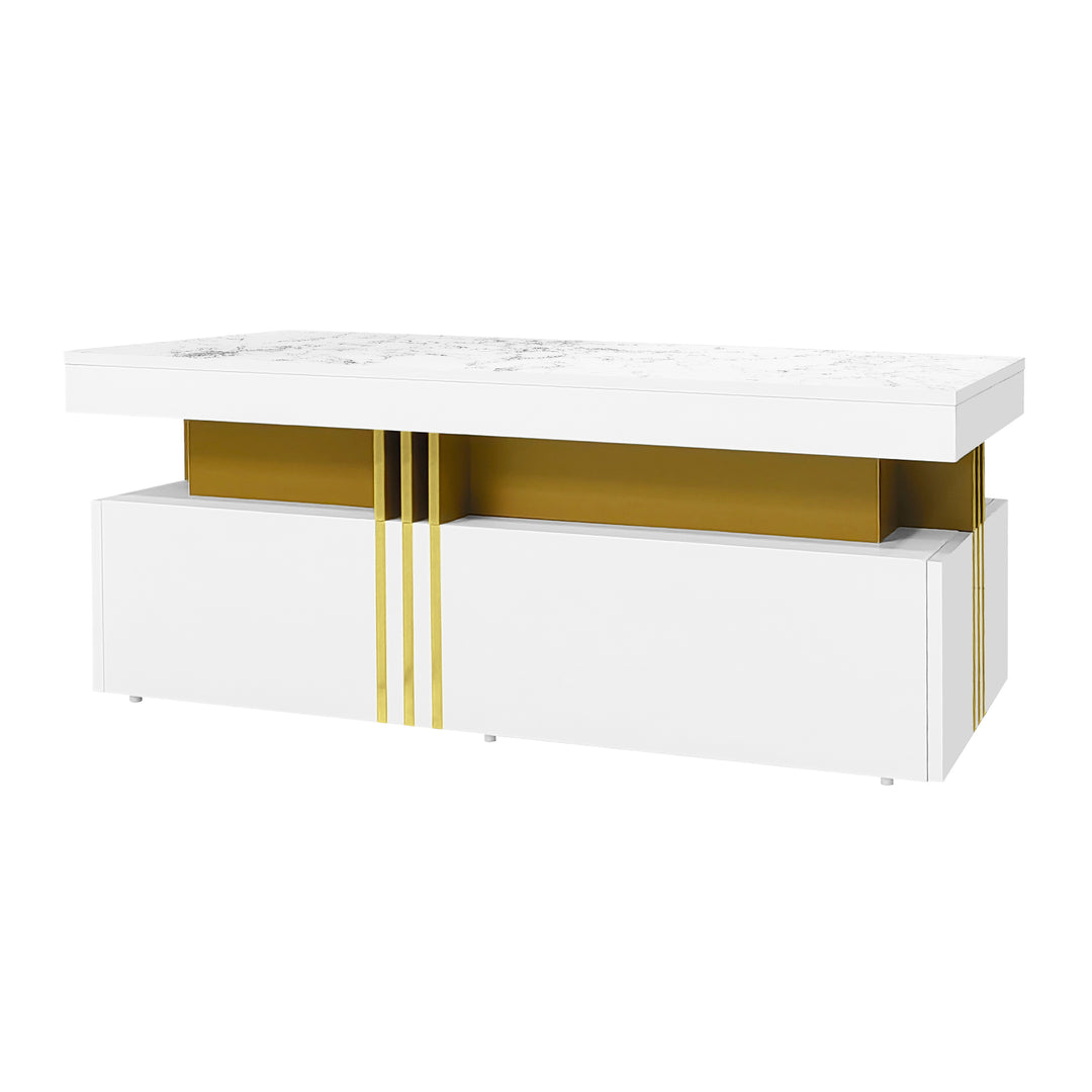 White marble look coffee table with gold accents and 2 drawers CREPUSCRAY