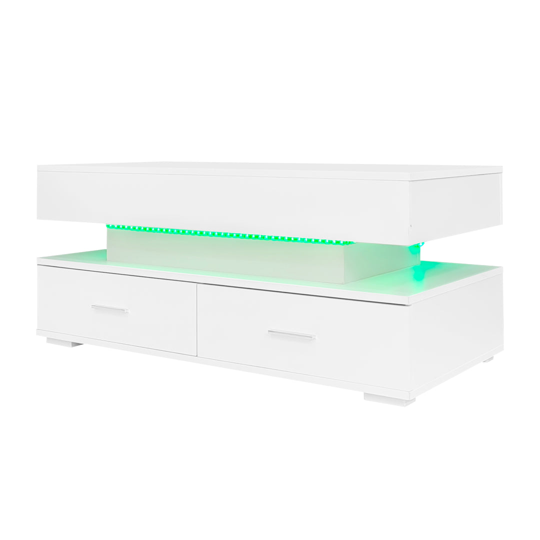 White lift-top coffee table with LED lighting and 2 drawers 100×50×44cm CYBERSPACE