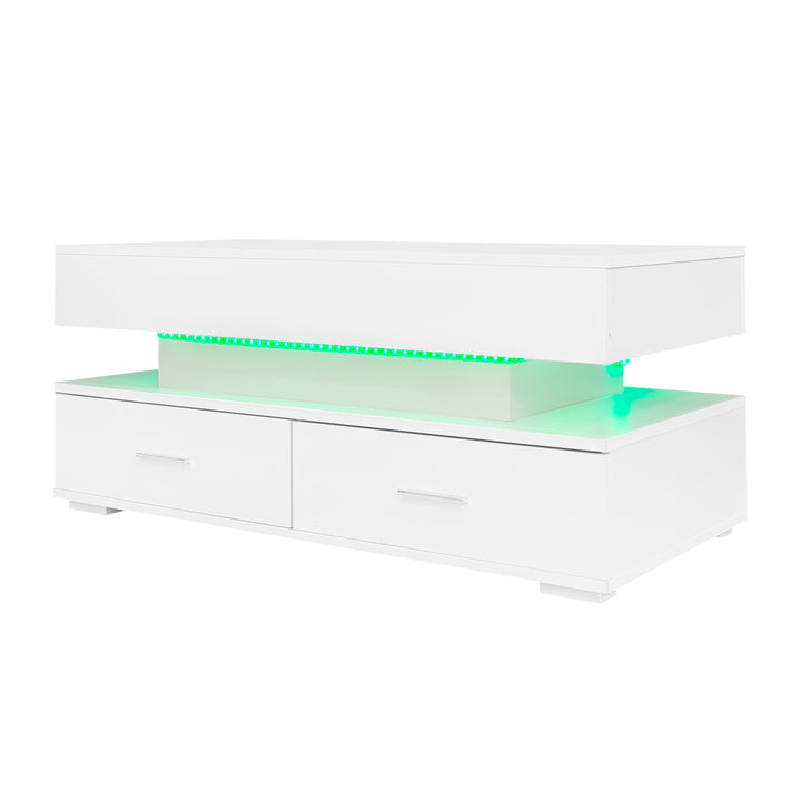 White lift-top coffee table with LED lighting and 2 drawers 100×50×44cm CYBERSPACE