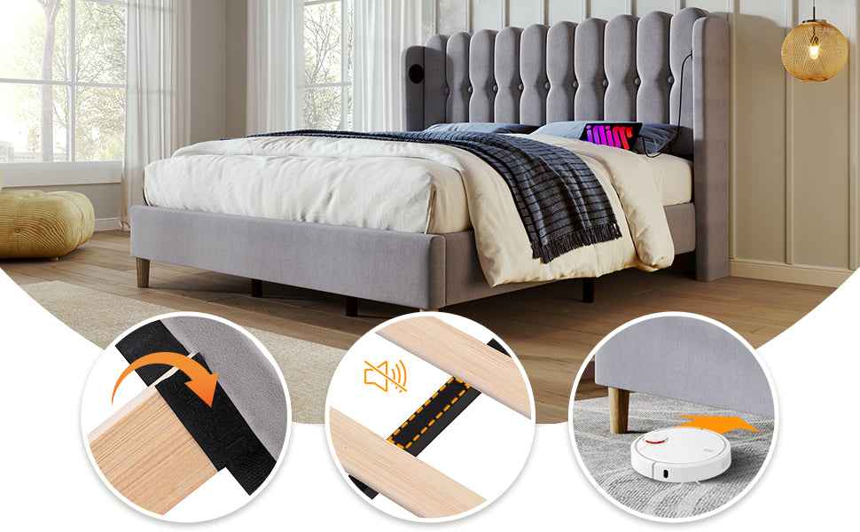 Double Bed Frame with USB & Type-C Charging, 4ft6 Grey Linen Upholstered, Wooden Slats, Modern Panel Headboard, Space-Saving for Bedroom & Guest Room (No Mattress)