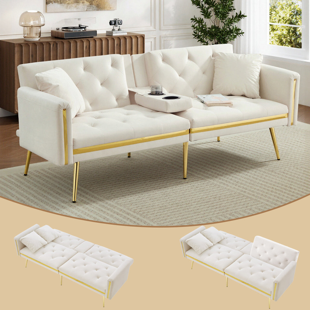 Beige velvet tufted 2-seater sofa bed with gold legs hidden fold-down cup holder COTTONPUFF