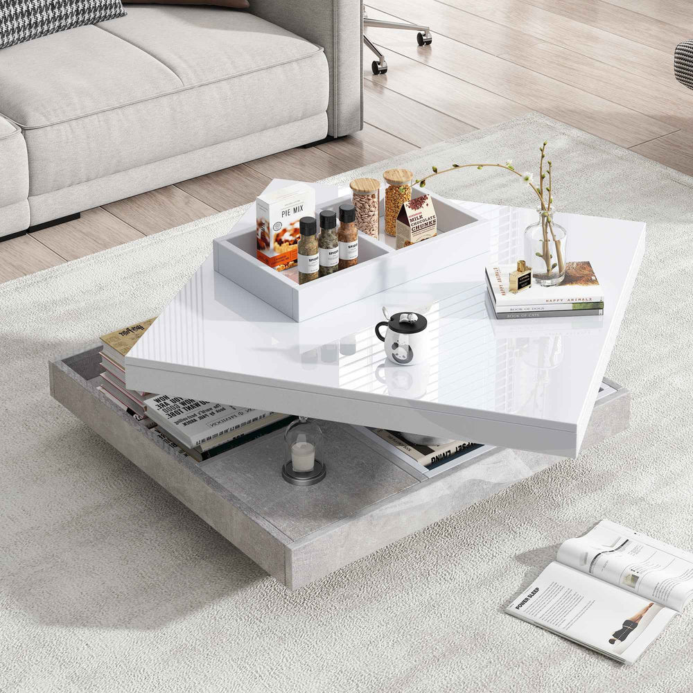 Rotating 360° white high-gloss coffee table marble-patterned, double-layer storage FLARENEXUSA