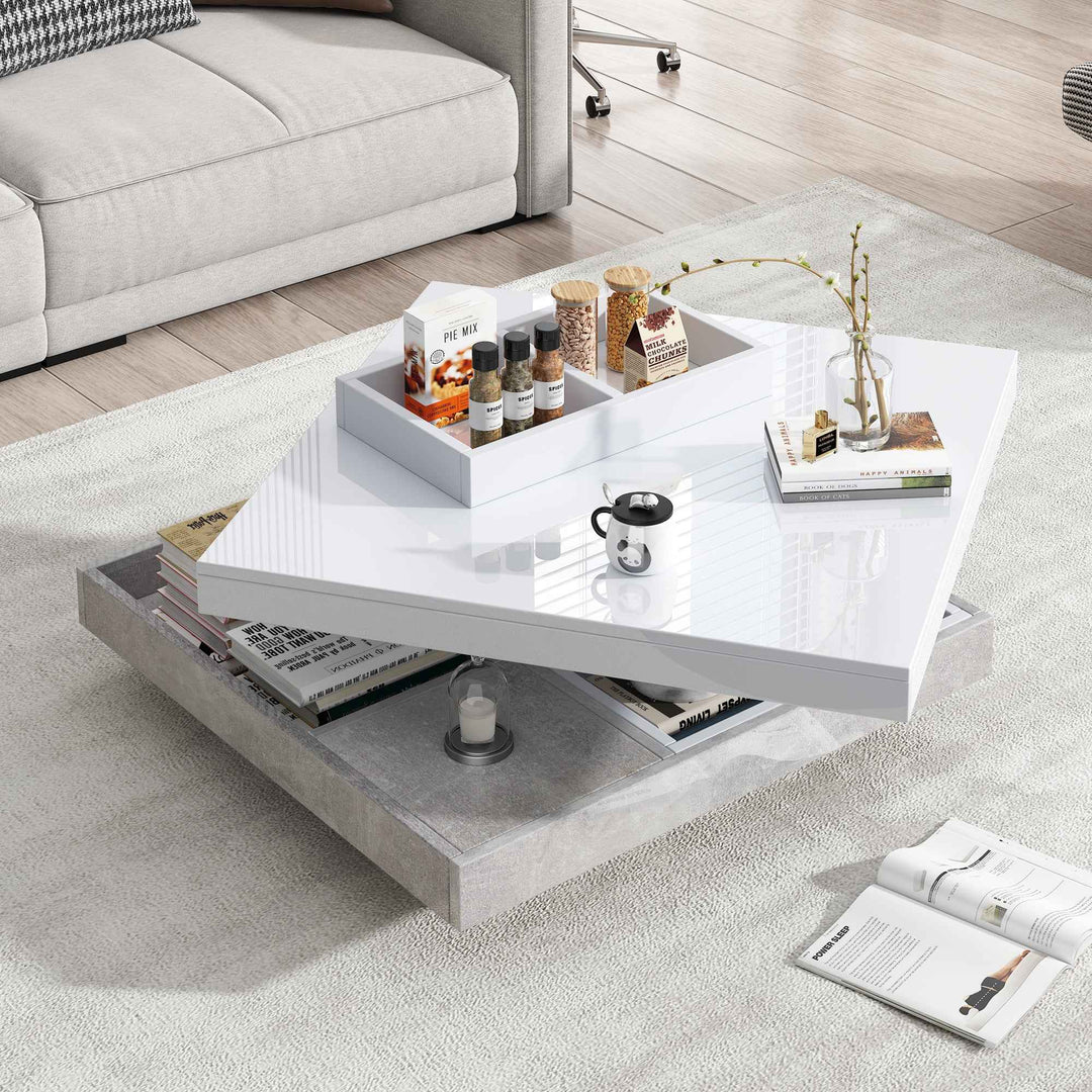 Rotating 360° white high-gloss coffee table marble-patterned, double-layer storage FLARENEXUSA
