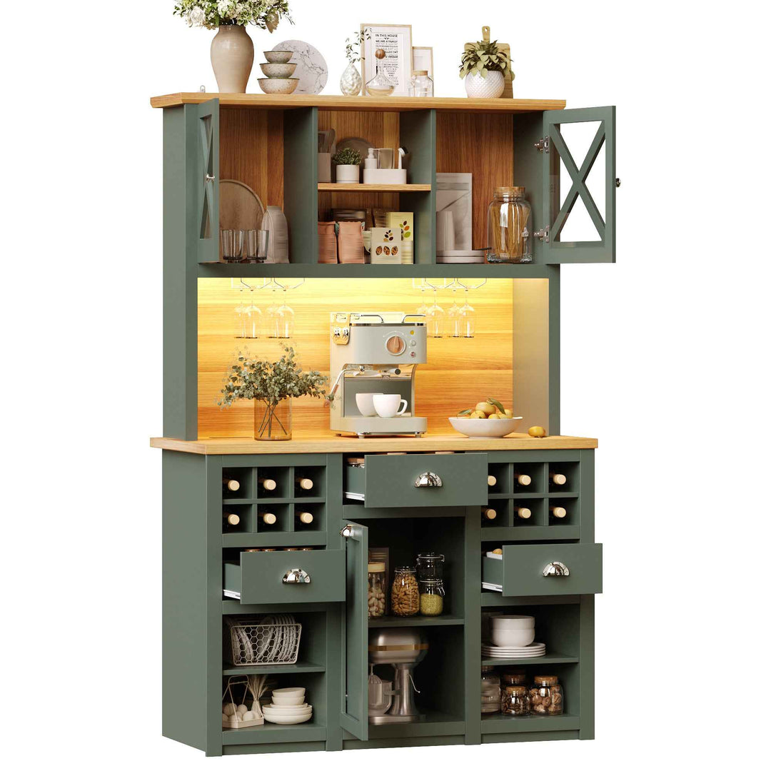 Kitchen hutche green cabinet glass doors LED lighting, wine rack, adjustable shelves