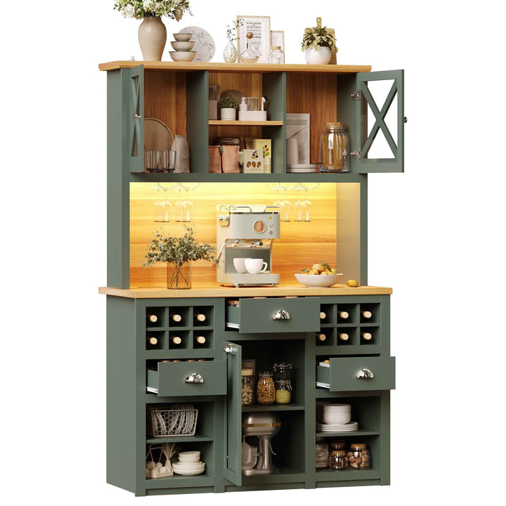 Kitchen hutche green cabinet glass doors LED lighting, wine rack, adjustable shelves