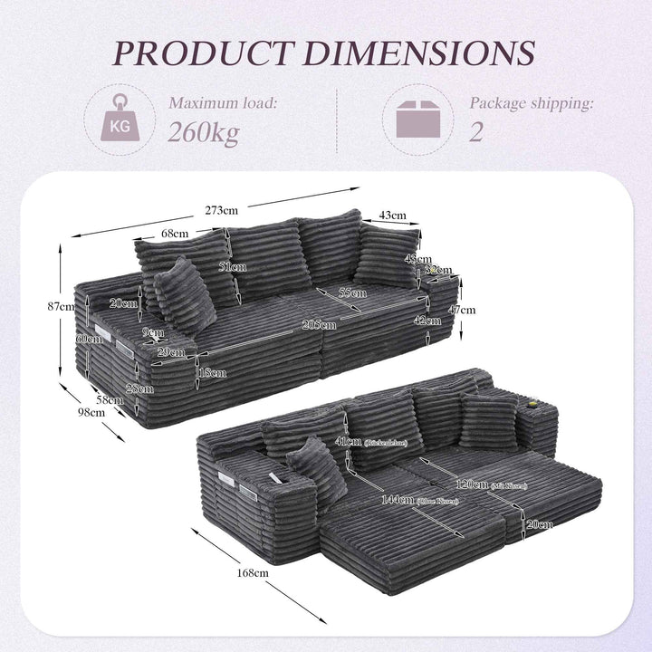 Corduroy Sofa Dark Grey 3-Seater, High Backrest, Cup Holders, Side Pockets, Convertible Sleeper, Space-Saving for Living Room