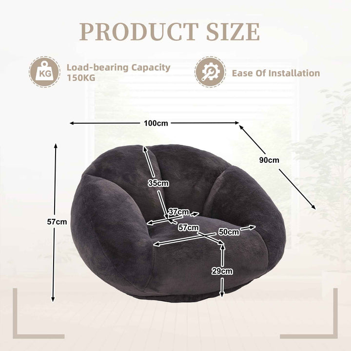 Lazy chair shell shaped sofa black faux fur, memory foam bean bag chair removable cover