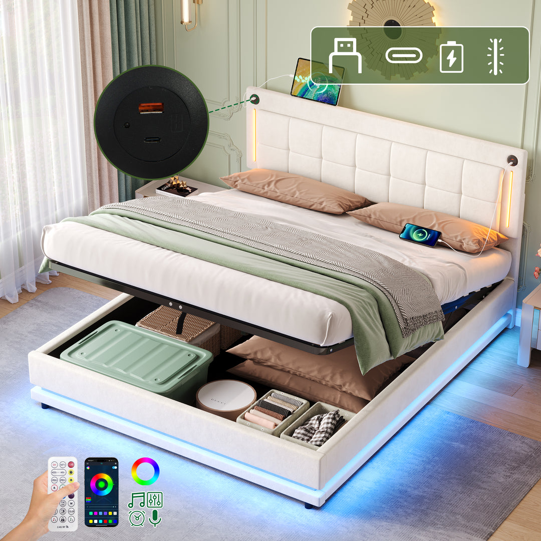 Beige velvet king ottoman end opening bed with LED lighting and charging station (150*200cm) DUSKHAVEN