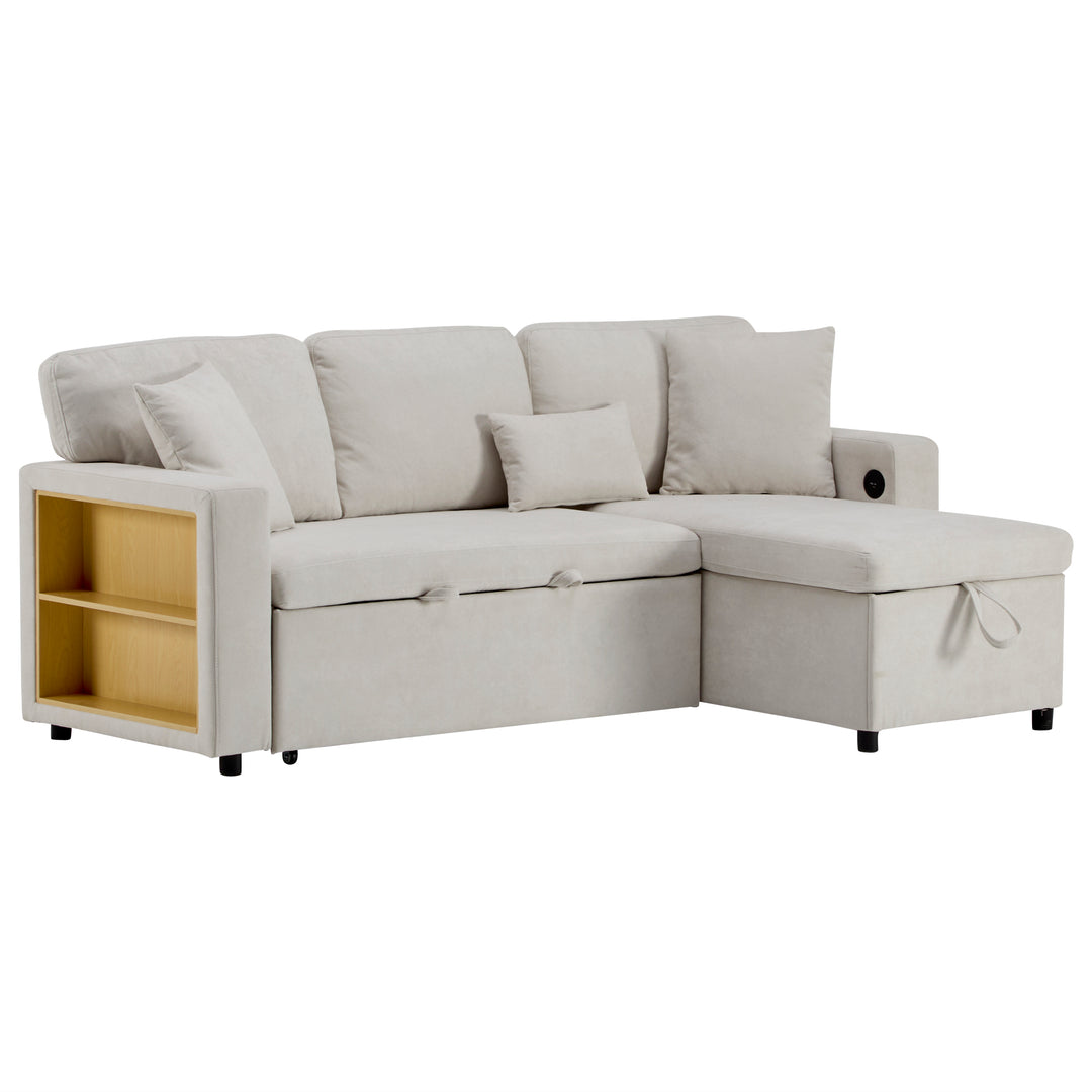 Beige 3-seater corner sofa bed with side shelf and USB ports ANTCOLONY UK