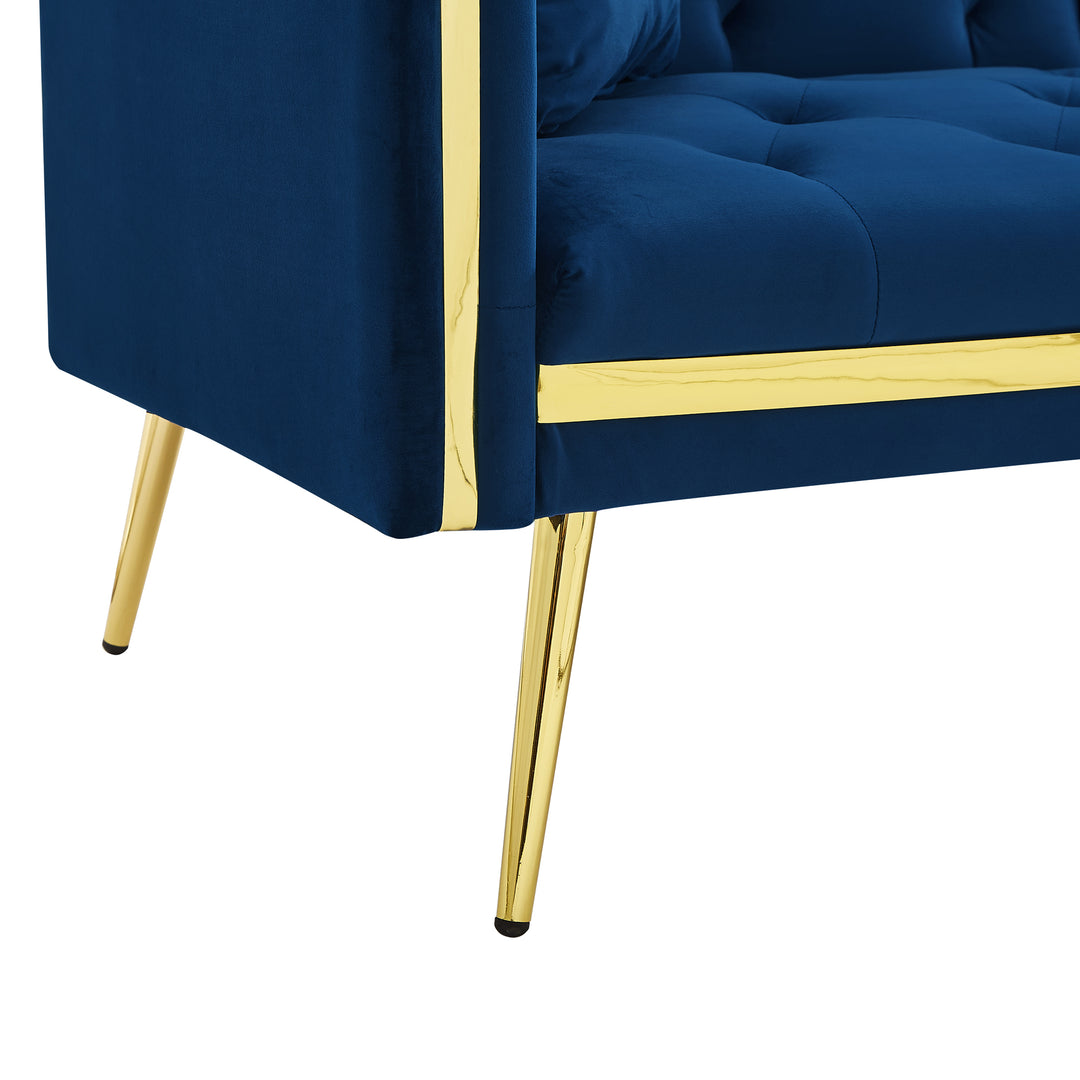 Blue velvet tufted 2-seater sofa bed with gold legs hidden fold-down cup holder FUMAROLEVENT
