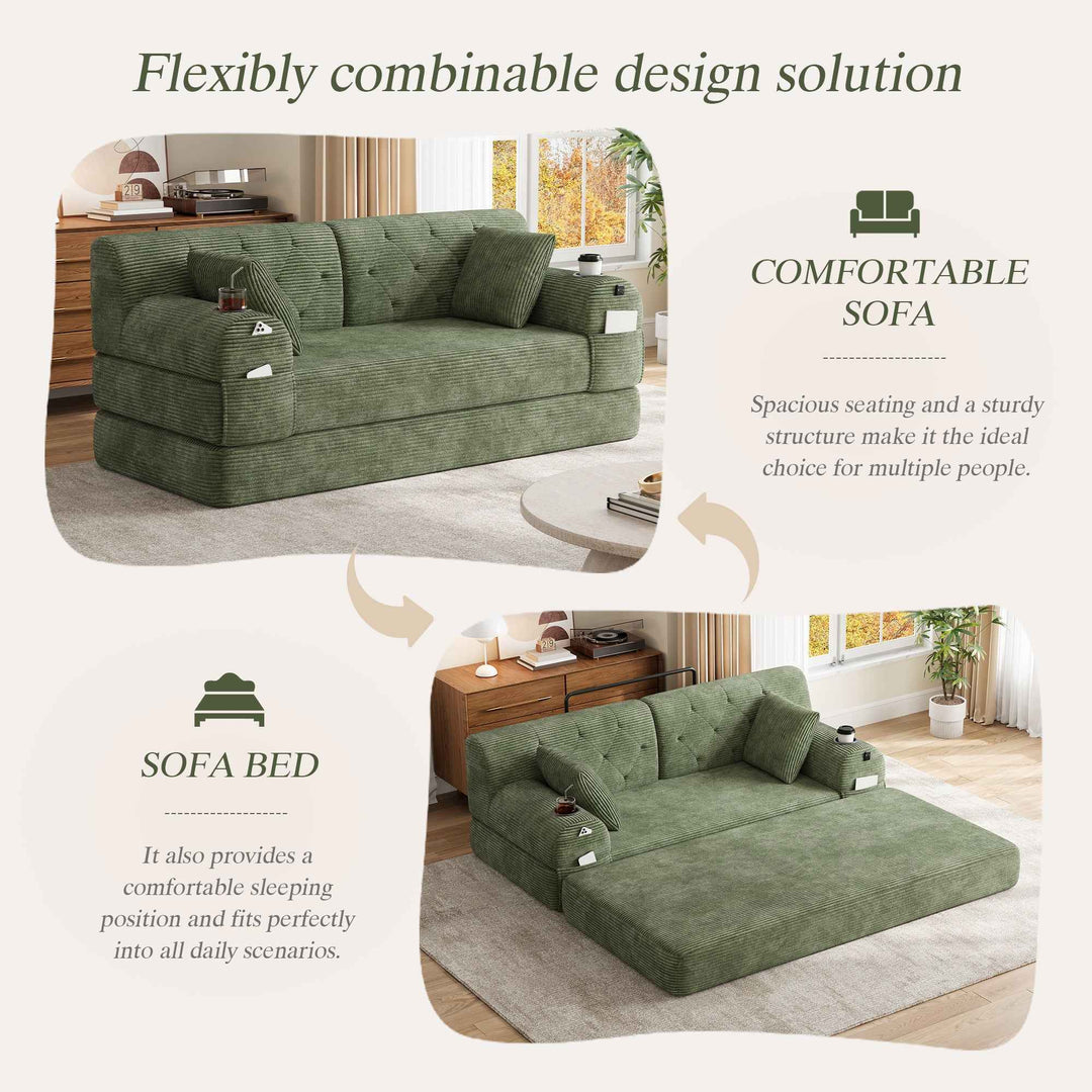 2-seater modular convertible bed sofa, corduroy green 168cm RACKPLUS