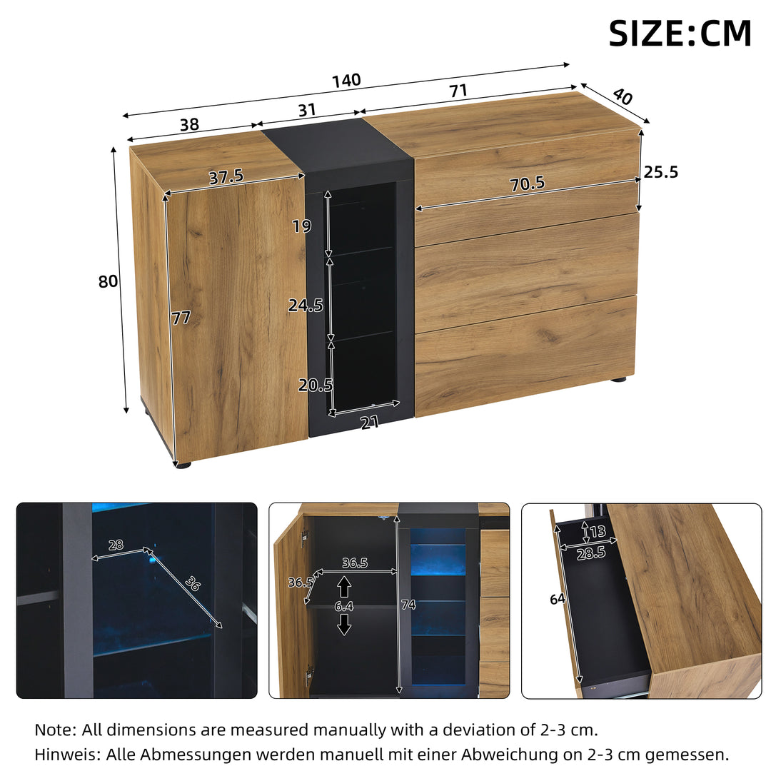 Wooden and Black Sideboard Cabinet with 3 Drawers, Glass Shelves and LED Lights 140 cm TRISHELF
