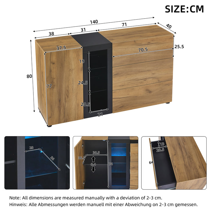 Wooden and Black Sideboard Cabinet with 3 Drawers, Glass Shelves and LED Lights 140 cm TRISHELF