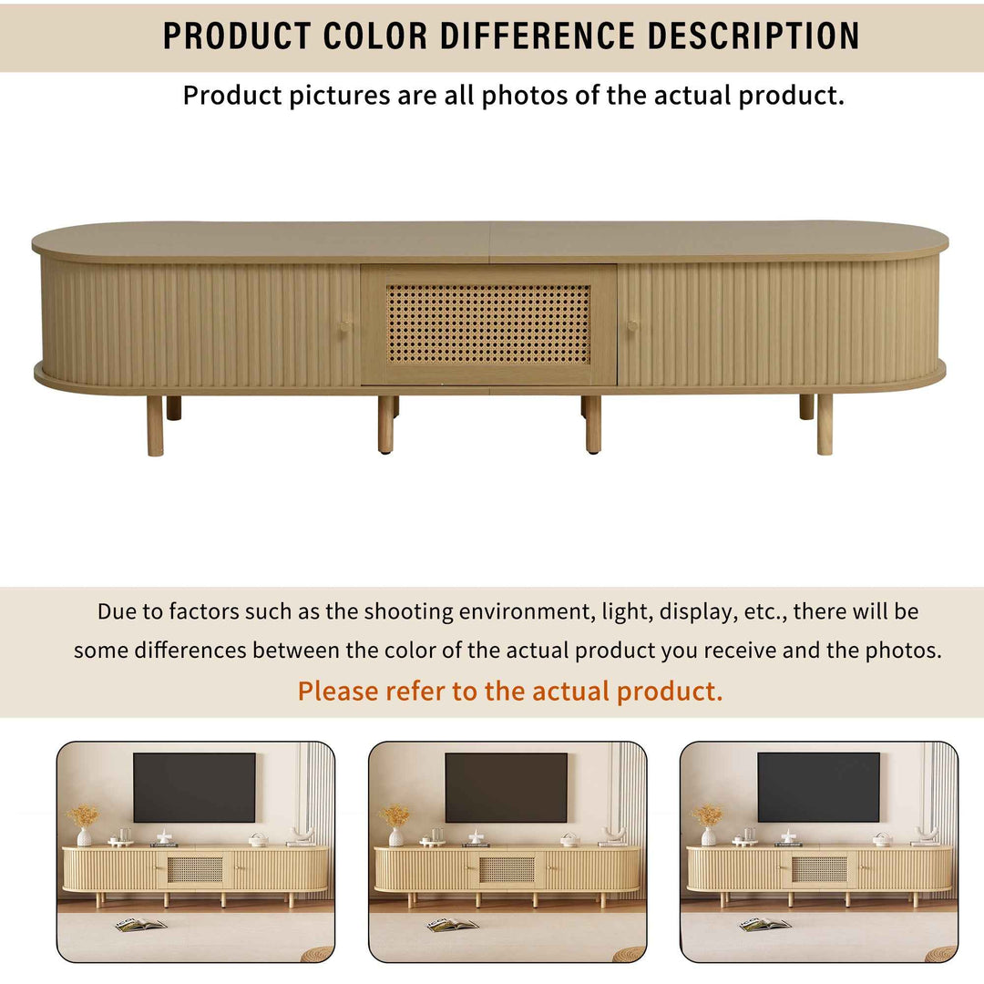 TV stand light wood 1 rattan drawer & 2 sliding doors, rounded corners 180cm