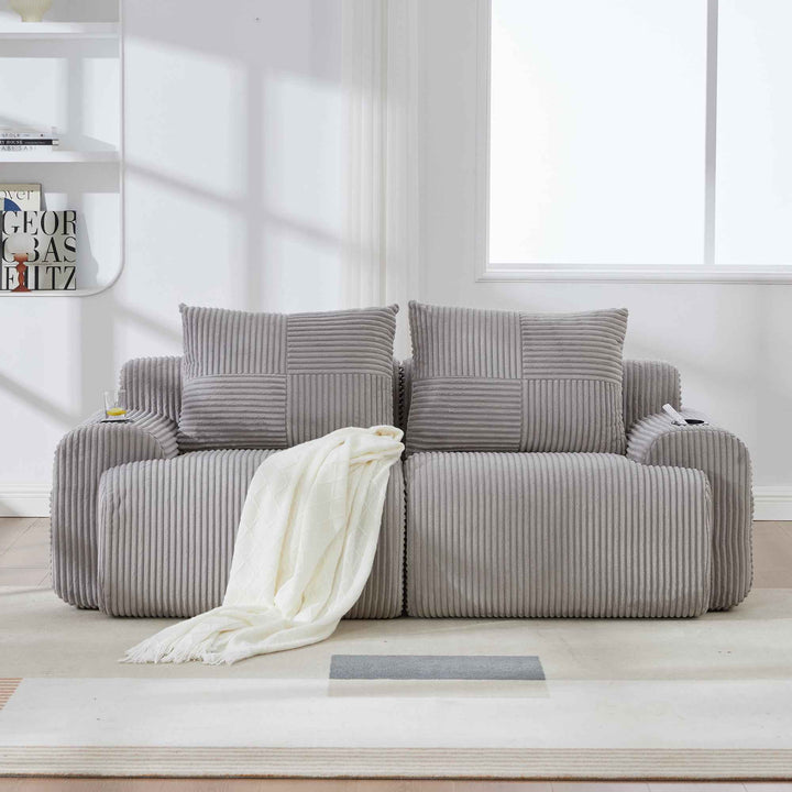 Modular 2-Seater Corduroy Sofa Light Grey, High-Density Foam, Cup Holder & Storage, Vacuum-Packed, Modern for Living Room