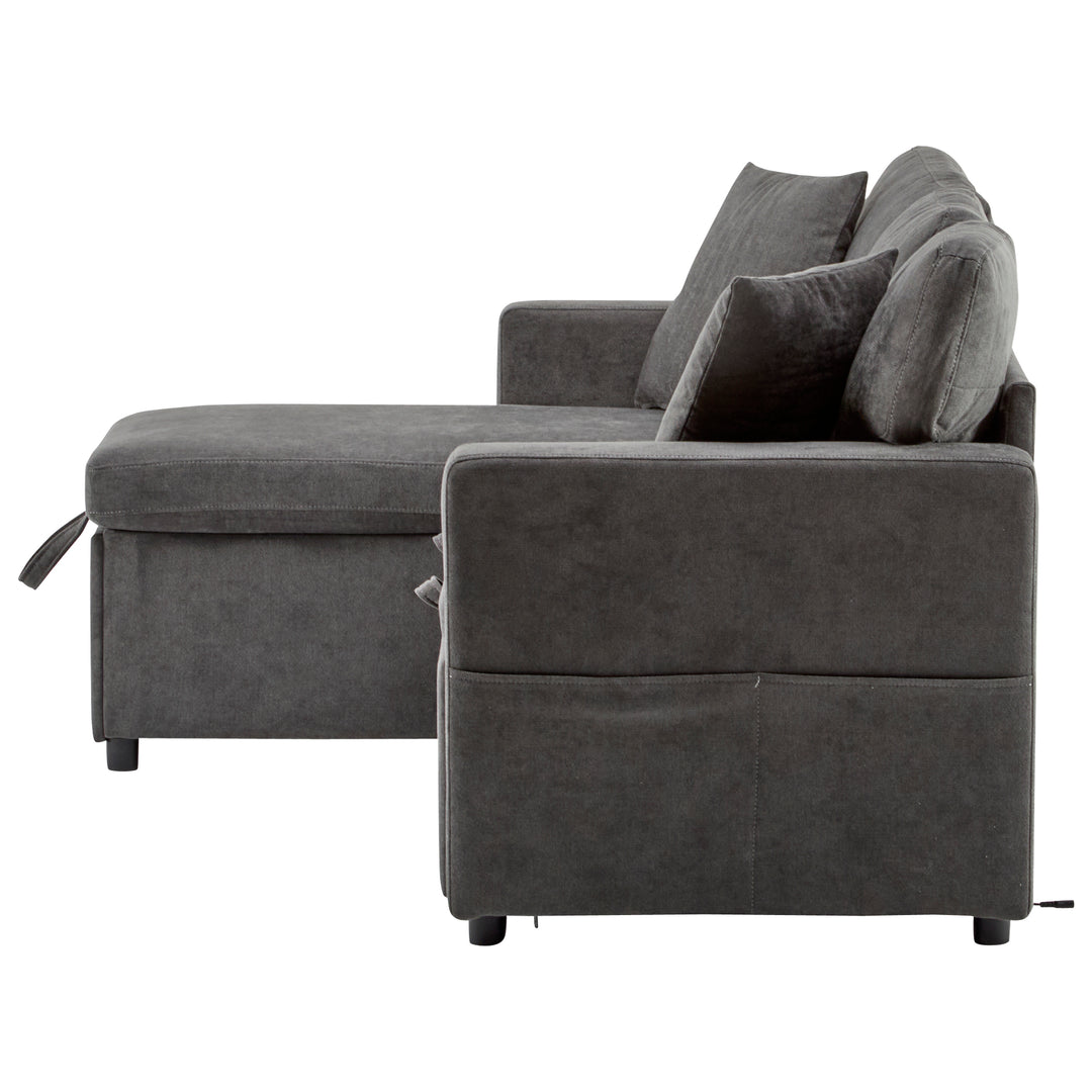 Grey L-shaped corner sofa bed, side shelf with integrated USB and storage VOLATILGAS