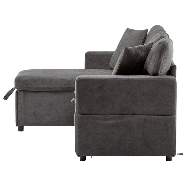 Grey L-shaped corner sofa bed, side shelf with integrated USB and storage VOLATILGAS