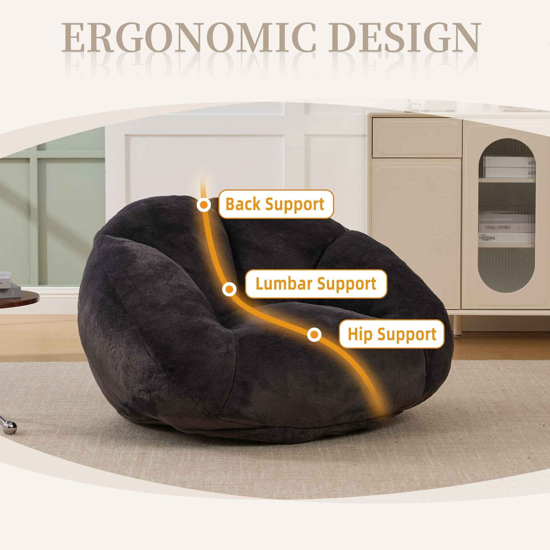 Lazy chair shell shaped sofa black faux fur, memory foam bean bag chair removable cover