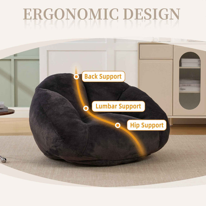 Lazy chair shell shaped sofa black faux fur, memory foam bean bag chair removable cover