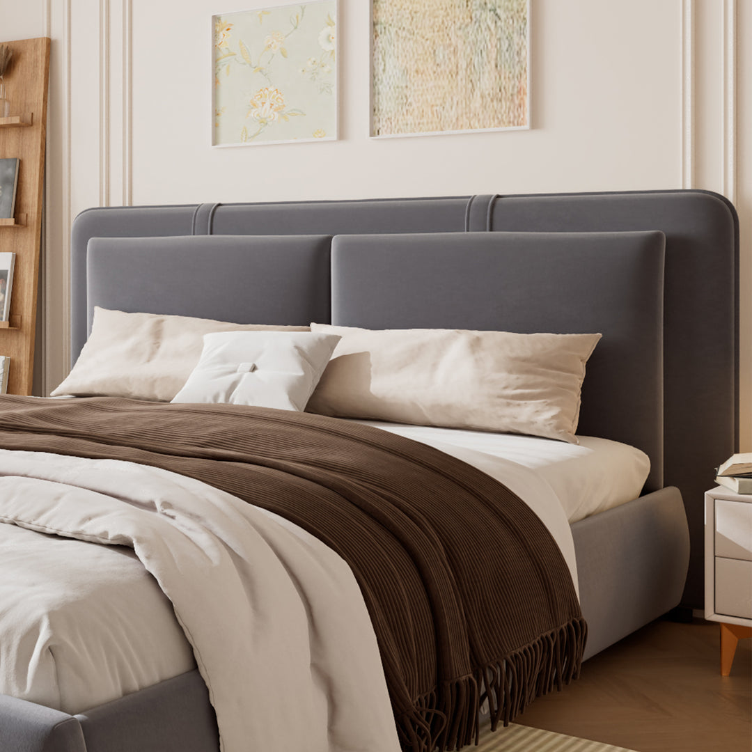 Upholstered velvet grey, hydraulic ottoman double bed with storage function 135×190cm KELPFROND