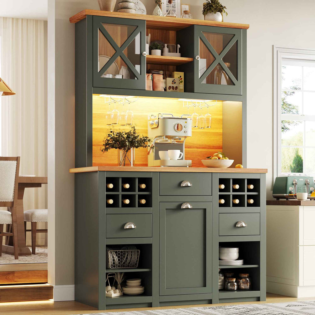 Kitchen hutche green cabinet glass doors LED lighting, wine rack, adjustable shelves
