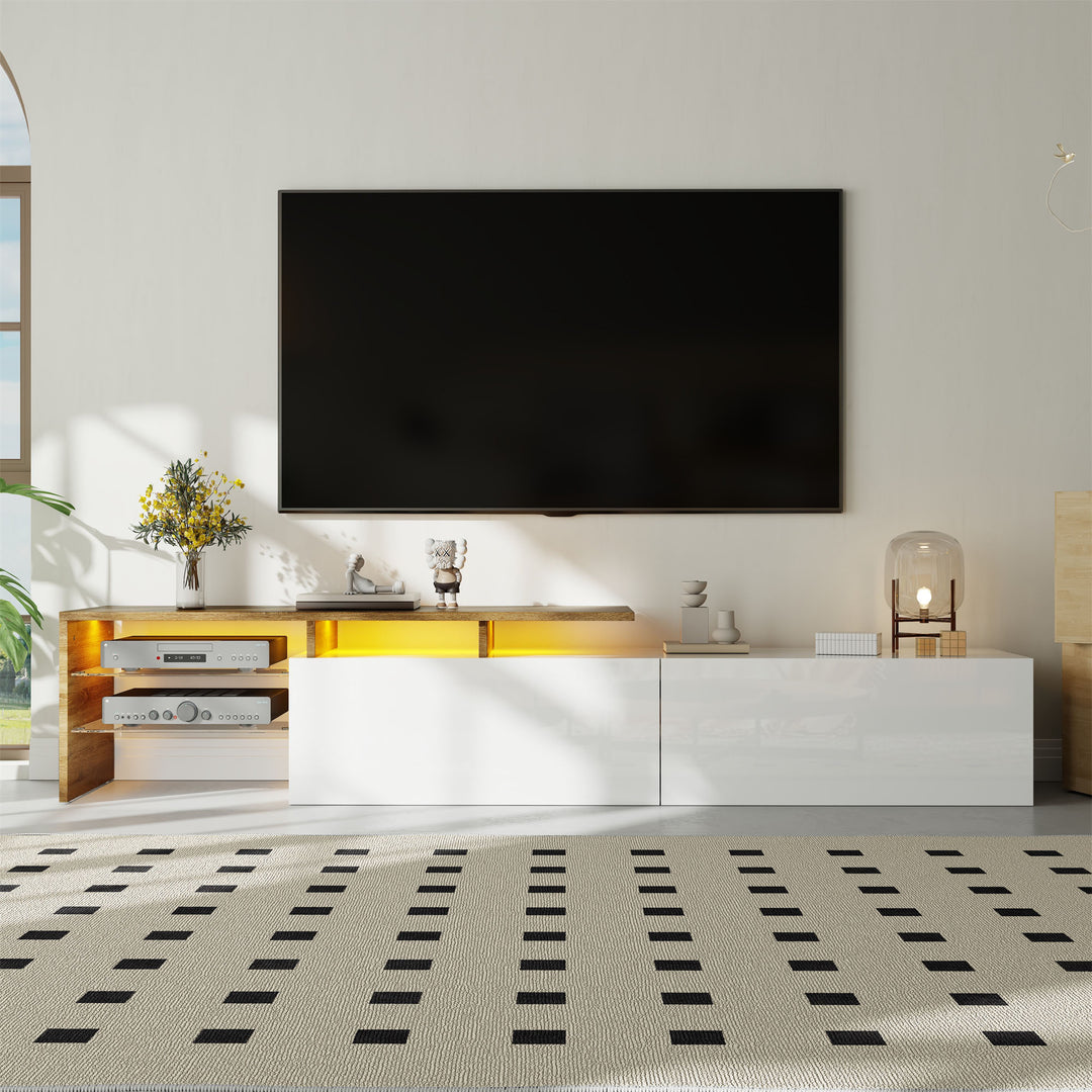 White hihg-gloss TV cabinet storage space, wood look, glass shelves, LED lighting MOLD