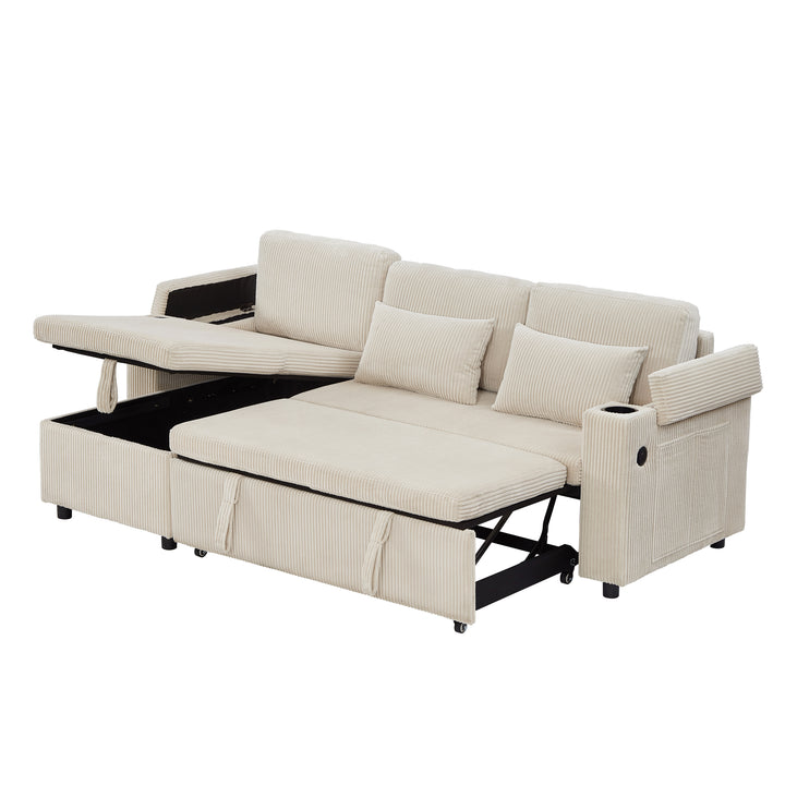 Beige corduroy 3-seater sofa bed trundle bed with storage and USB ports SPELEOTHEM UK