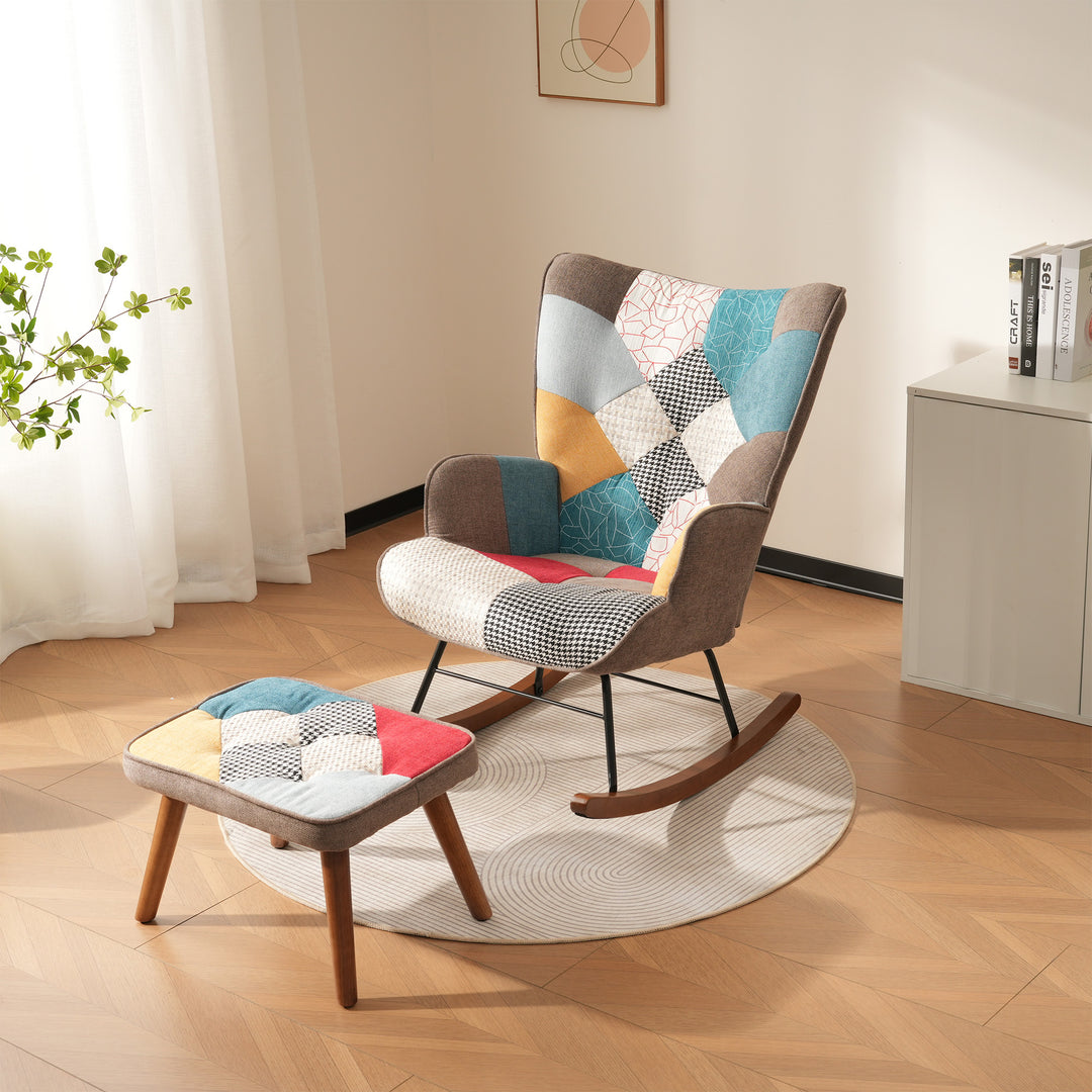 Patchwork wingback rocking chair with ottoman QHORNI UK