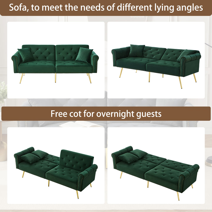 Green velvet 2-seater sofa bed with adjustable backrest and gold legs CAKDERA