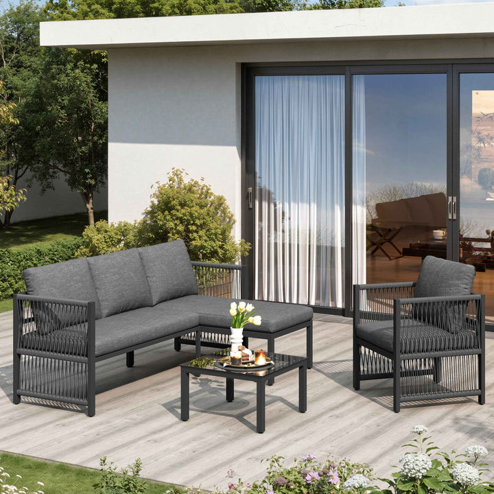 Garden furniture set 4-5 seater grey modular sofa with tempered glass table INFINITECASCD