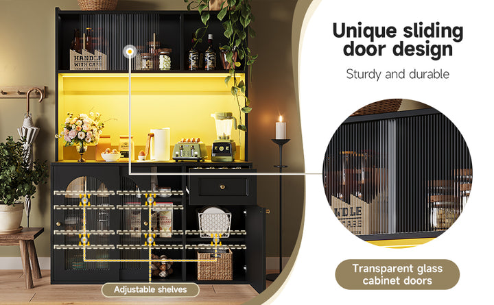 Black kitchen hutches buffet with LED lighting, fluted glass sliding doors VIGOURAN