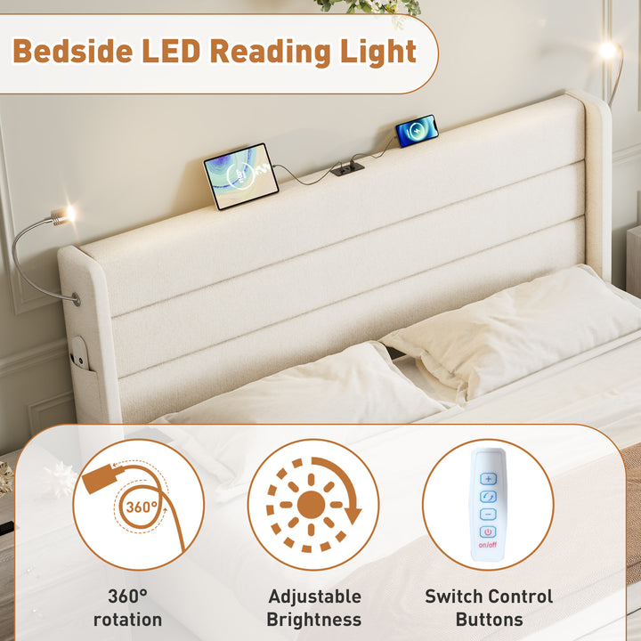 Beige linen upholstered king size divan bed with storage, lampe and charging station 150x200cm GRANULE UK