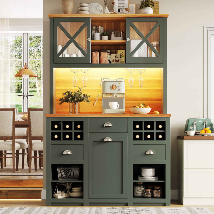 Kitchen hutche green cabinet glass doors LED lighting, wine rack, adjustable shelves