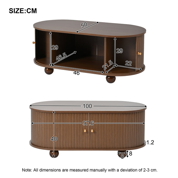Retro wooden look oval coffee table with 2 sliding storage doors CUNEIFORMWEDGE
