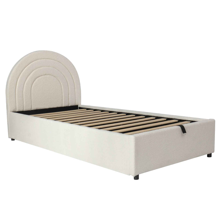 00+Single Upholstered Bed 3ft 90x190cm Boucle Beige with Storage, for Kids & Adults MAPLE STOOL