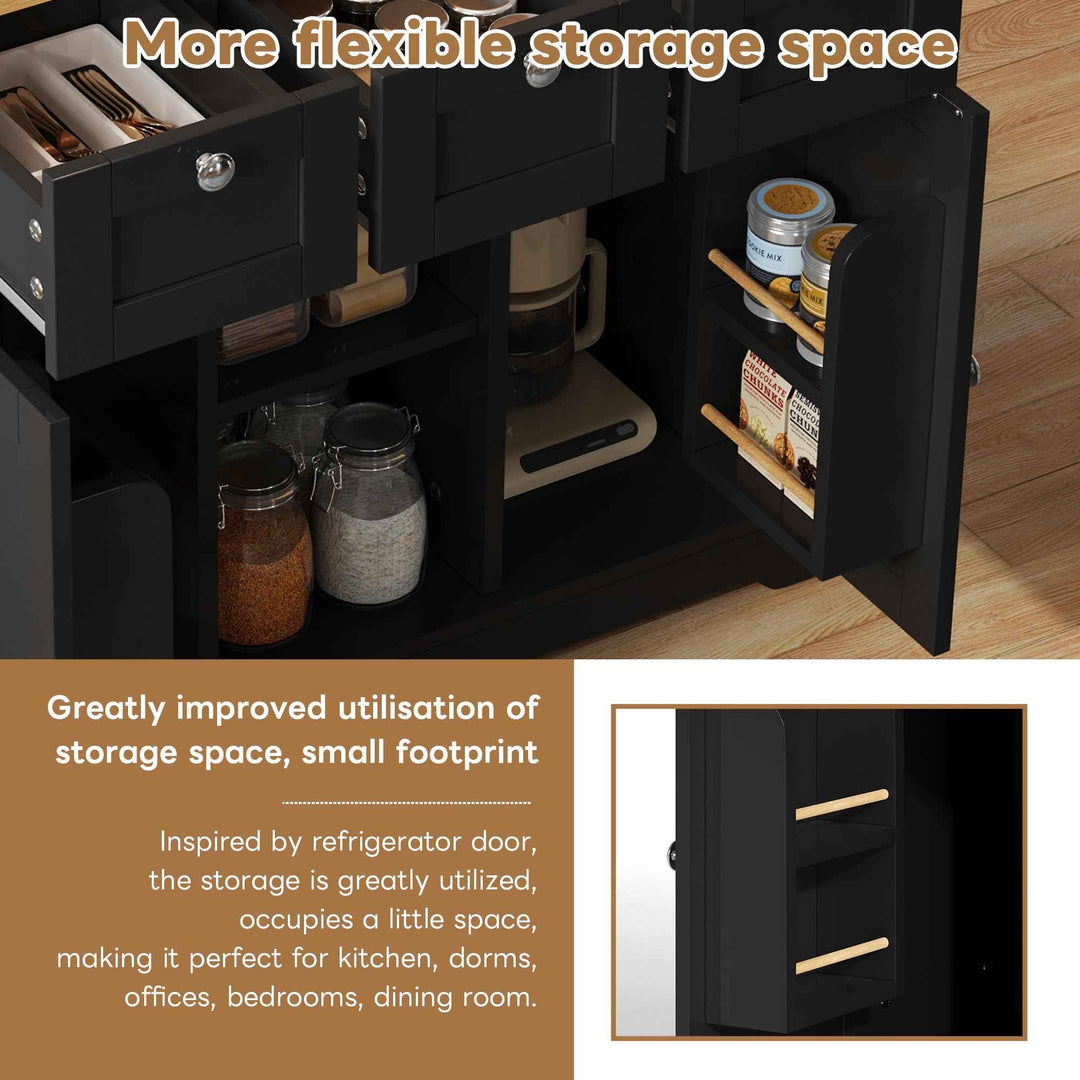 00+Kitchen Island on Wheels 132cm, Foldable Drop Leaf, MDF, Natural+Black, 3 Drawers, Spice Rack, Towel Holder, Charging Station VERTEXKORR