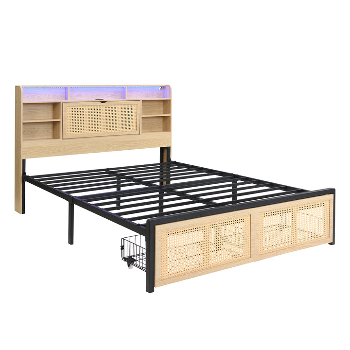 Wooden double bed with headboard storage, rattan drawer and LED lighting (135×190cm) HYDATHOD