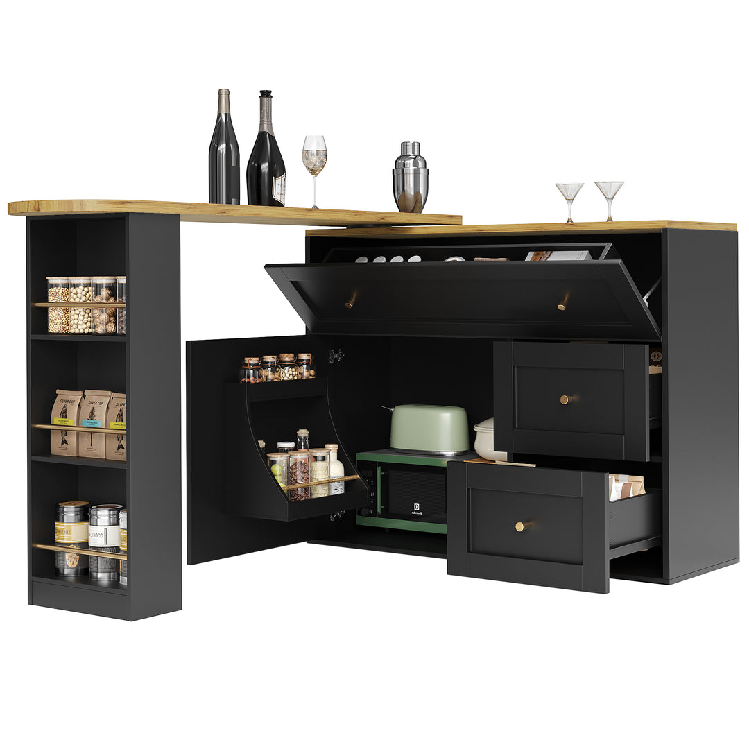 Extendable bar table black with storage kitchen cabinet with snack shelf (138-204×39×105cm) MANGROVEPROP